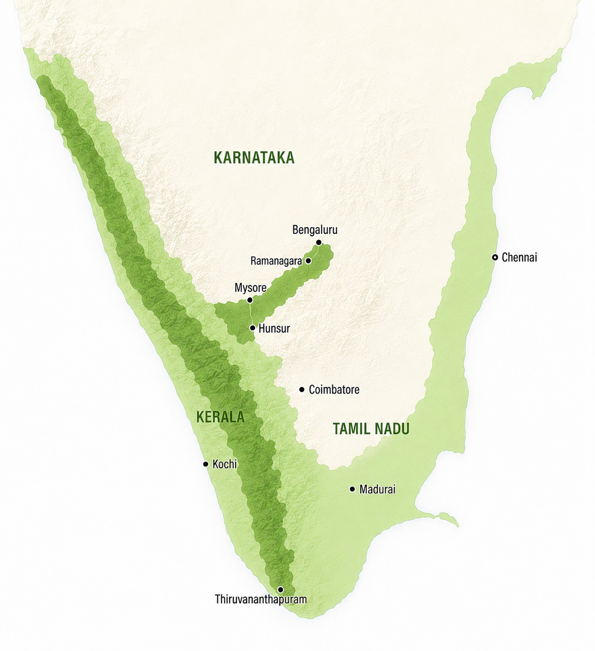 Map of the tender coconut growing belt in South India, with Hunsur to Ramnagar highlighted