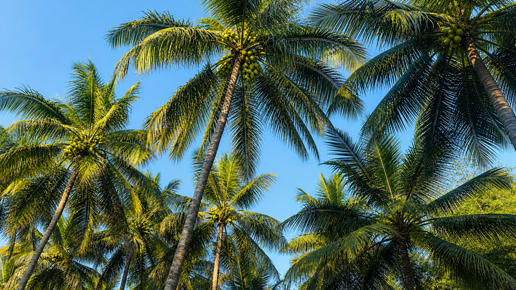 Coconut palms under a clear blue sky